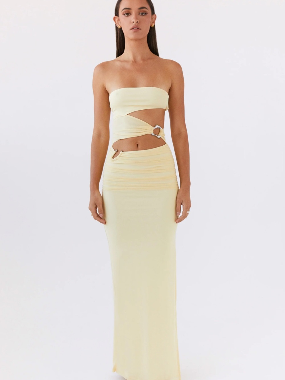 Peppermayo Yellow Strapless Maxi with Cutouts